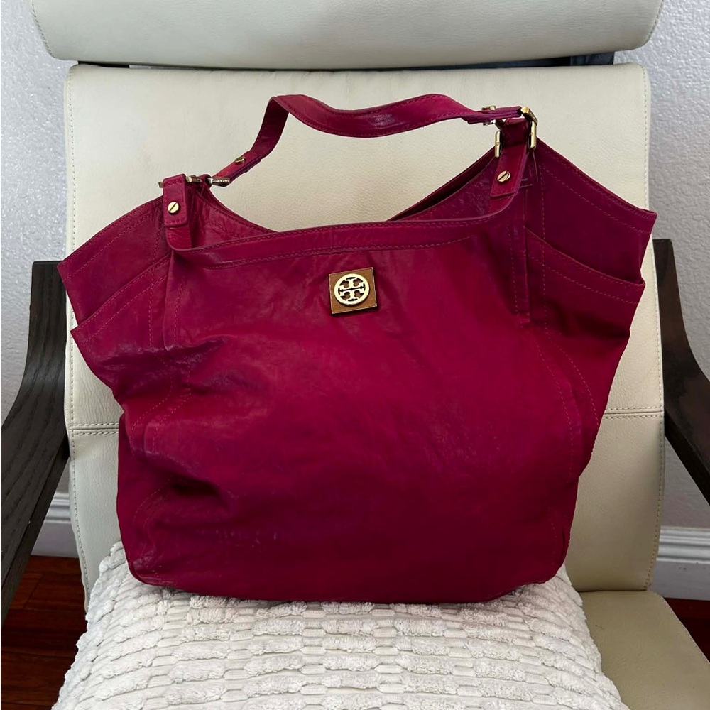 New Tory Burch Deep Pink Leather Tote with Gold Logo